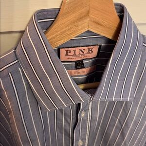 Thomas Pink Men's Dress Shirt Slim Fit French Cuff Blue White Striped Size 15.5